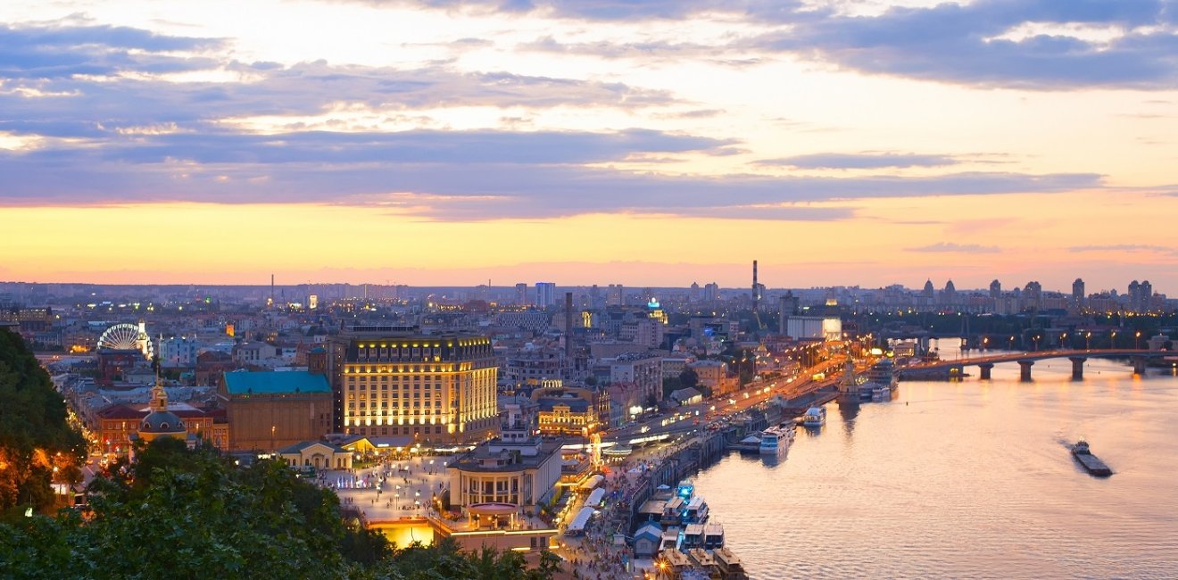 Skyline of Kyiv at twilight