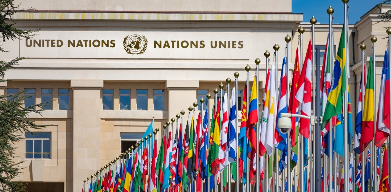 United Nations Building and the flags in Geneva Switzerland