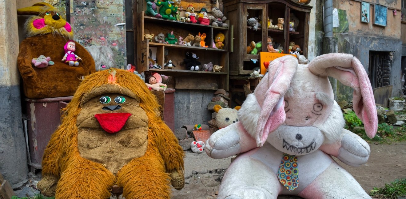 Stuffed animals on the street of Lviv, Ukraine.