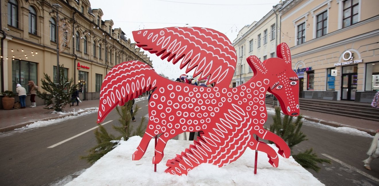 Kyiv, Ukraine - December 19, 2018: Maria Prymachenko Christmas decoration on Kyiv street