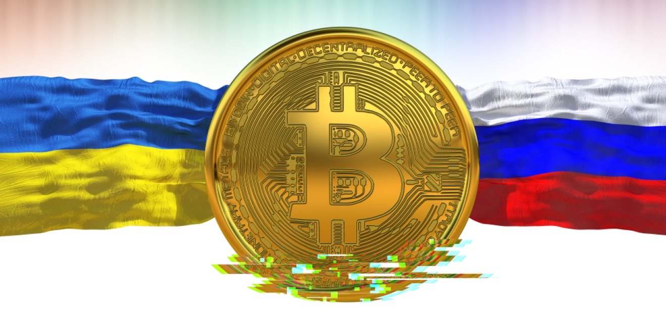 Bitcoin Ukraine and Russian Flags