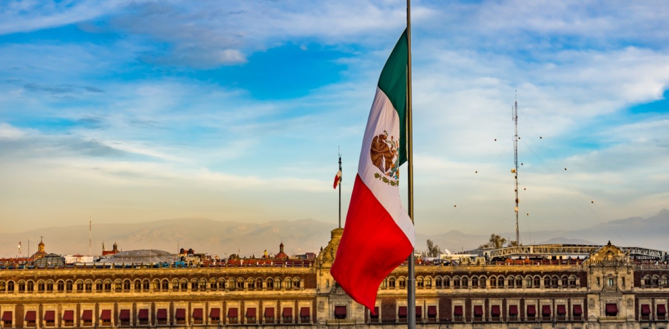 Mexican Flag Presidential National Palace Balcony Monument Zocalo Mexico City Mexico