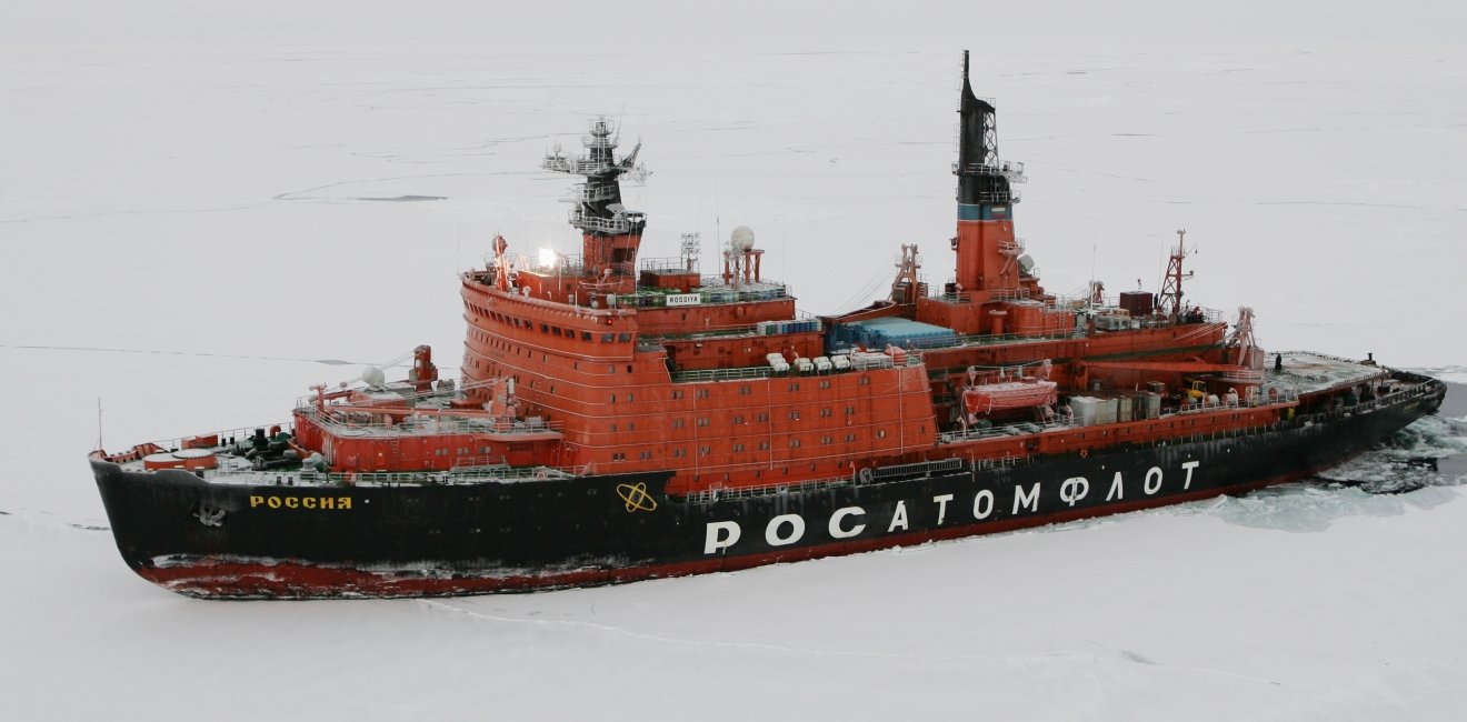 The Arctic Ocean - September 27, 2011: Russian nuclear-powered icebreaker Rossiya (Russia) is seen during its trip to the Russian drift station