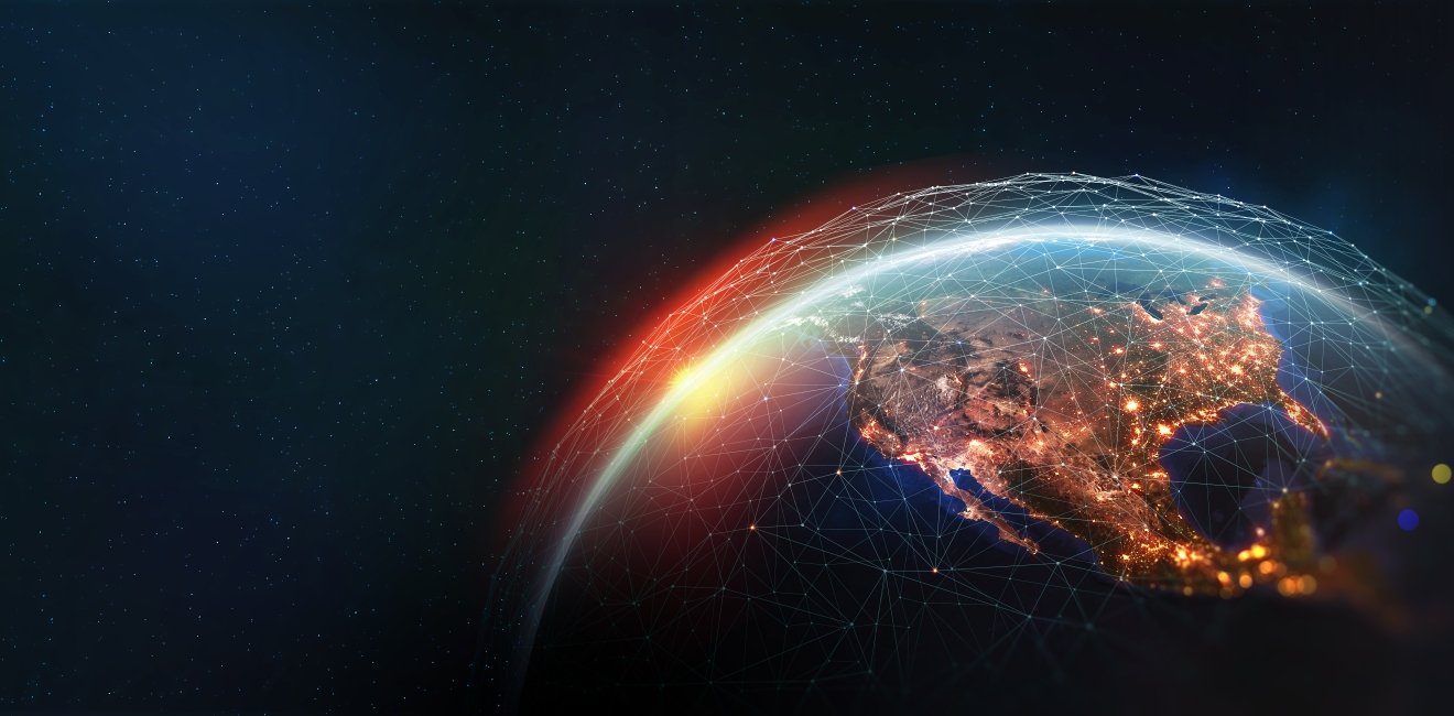 Earth view from space. Global network. Blockchain technology. Planet and communication. Future world 3D illustration. Elements of this image are furnished by NASA