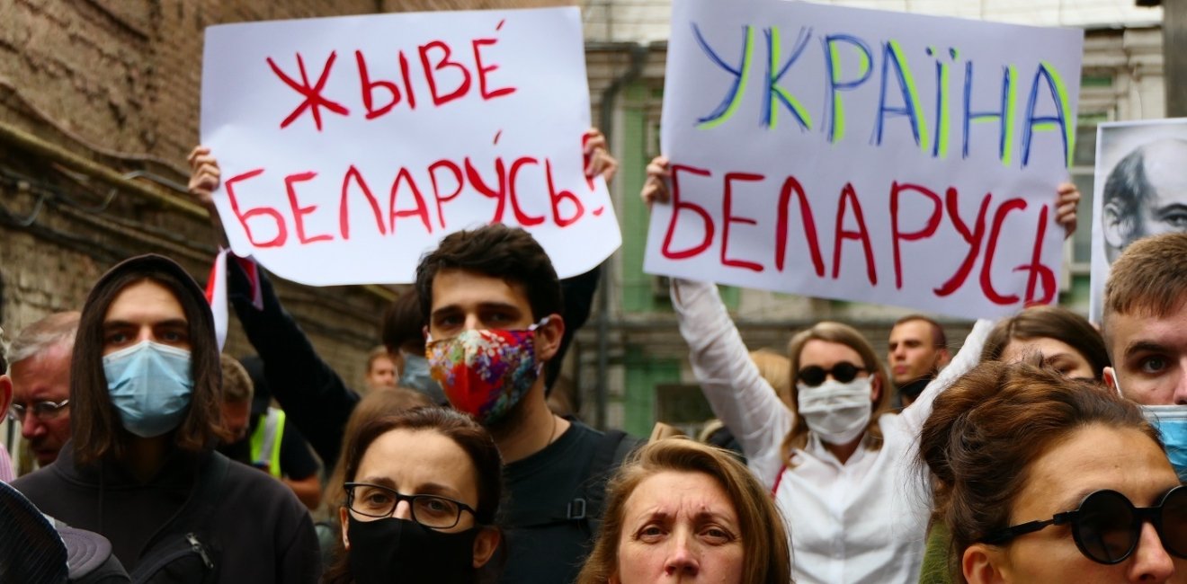 Political activists in Kyiv protesting against the dictatorship of president Lukashenko in Belarus.