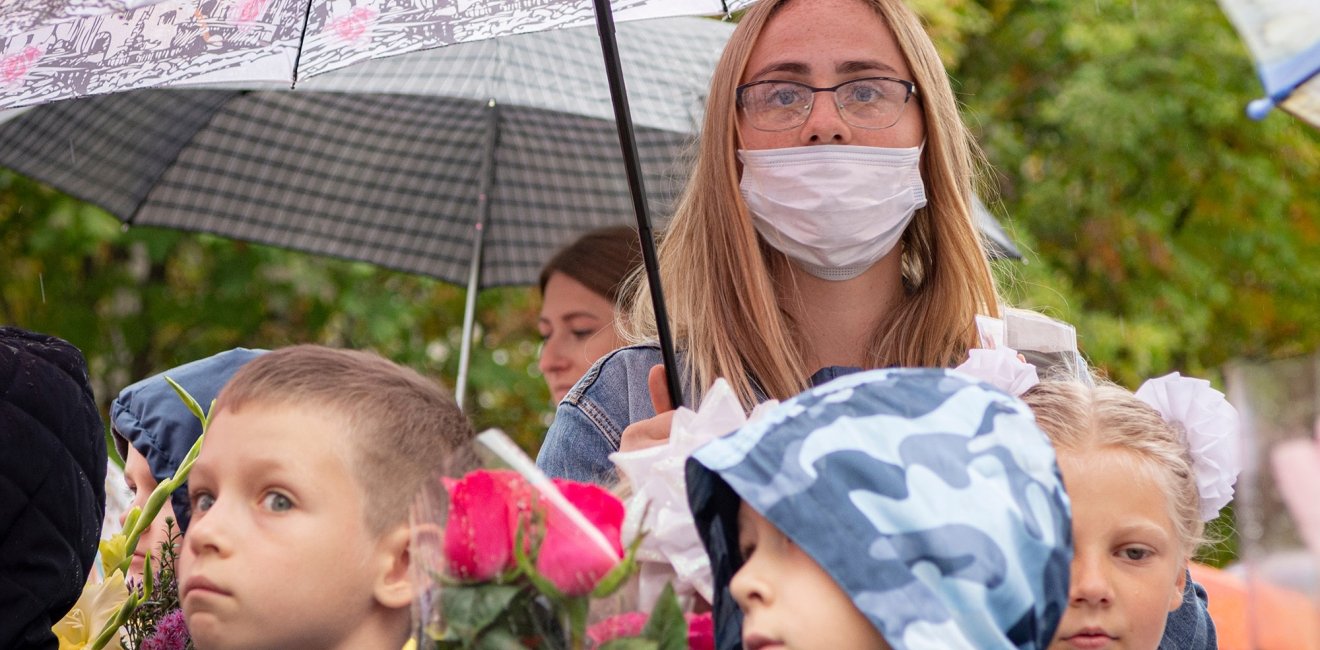 Students at the first day of School (Day of Knowledge) in Tomsk, Russia, 2020.