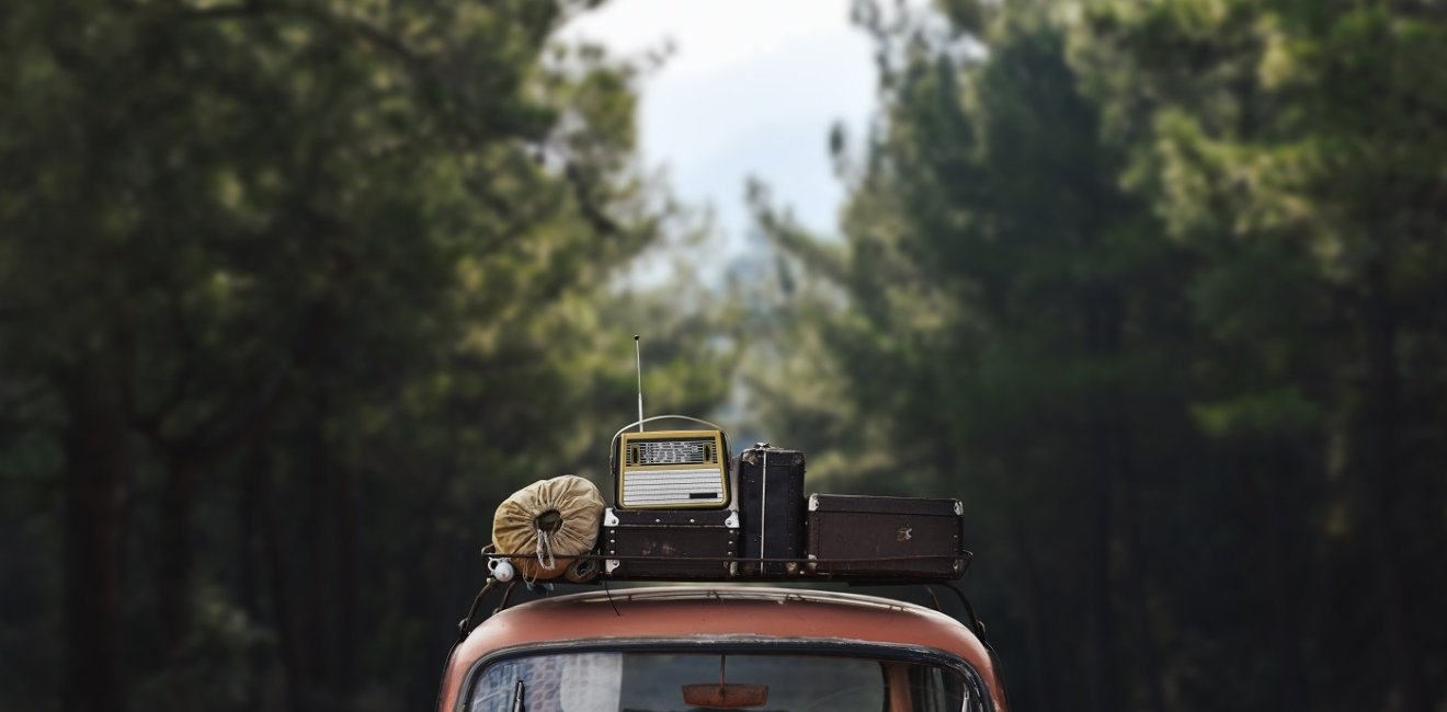 roof of car on wooded road with luggage on top 