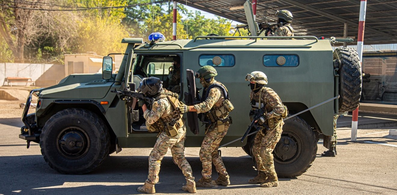 Nagorno-Karabakh - October 8, 2020. The military in special camouflaged clothing with machine guns