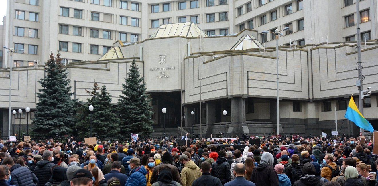 KYIV, UKRAINE - OCTOBER 30, 2020 - Activists picket the building of the Constitutional Court of Ukraine after its decision to cancel the electronic declaration by officials.