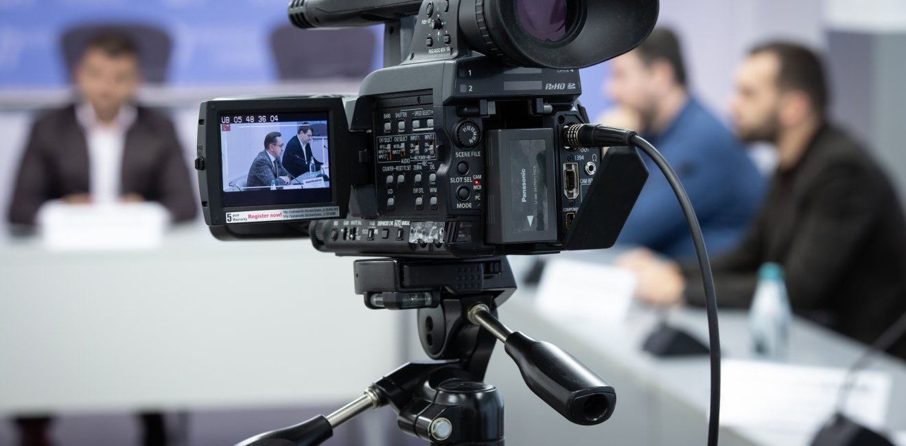 News conference, TV camera in press center. Kyiv, Ukraine. October 29, 2020.