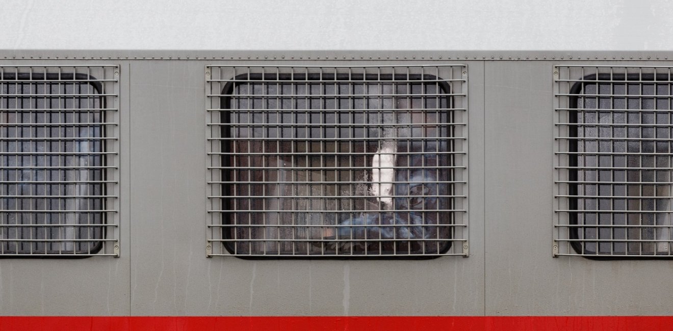 Russian national guard member inside of a riot truck