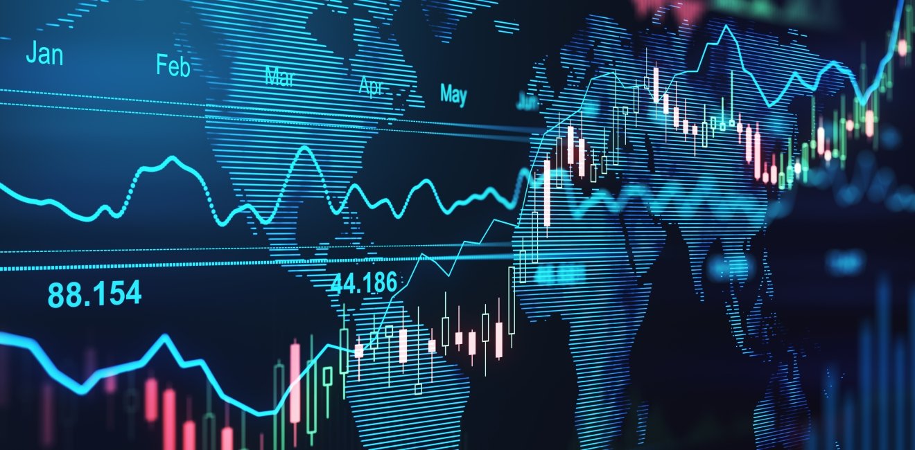 Trading market concept with financial graphs, glowing lines and diagram on digital screen at world map background. 3D rendering