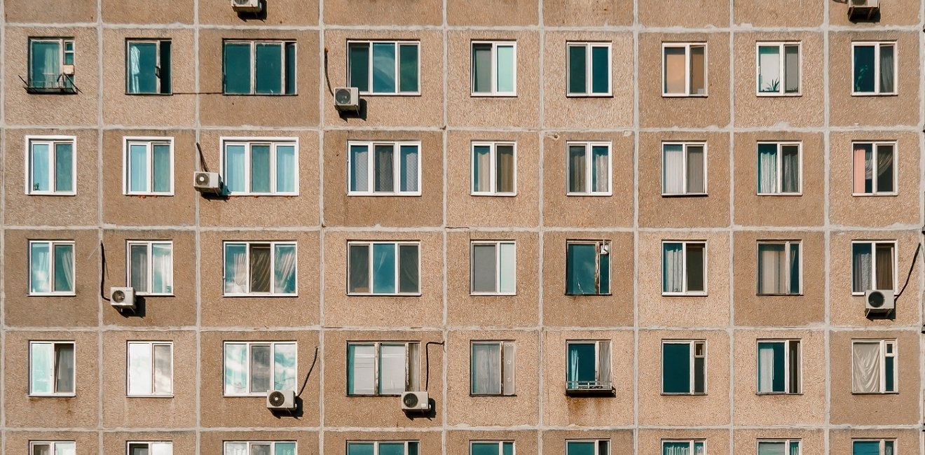 Image of windows of Soviet style apartment bloc 