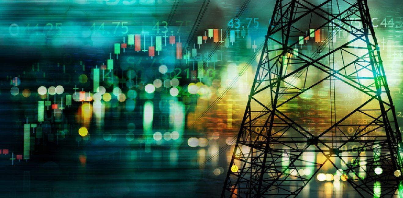 market stock graph and information with city light and electricity and energy facility industry and business banner background