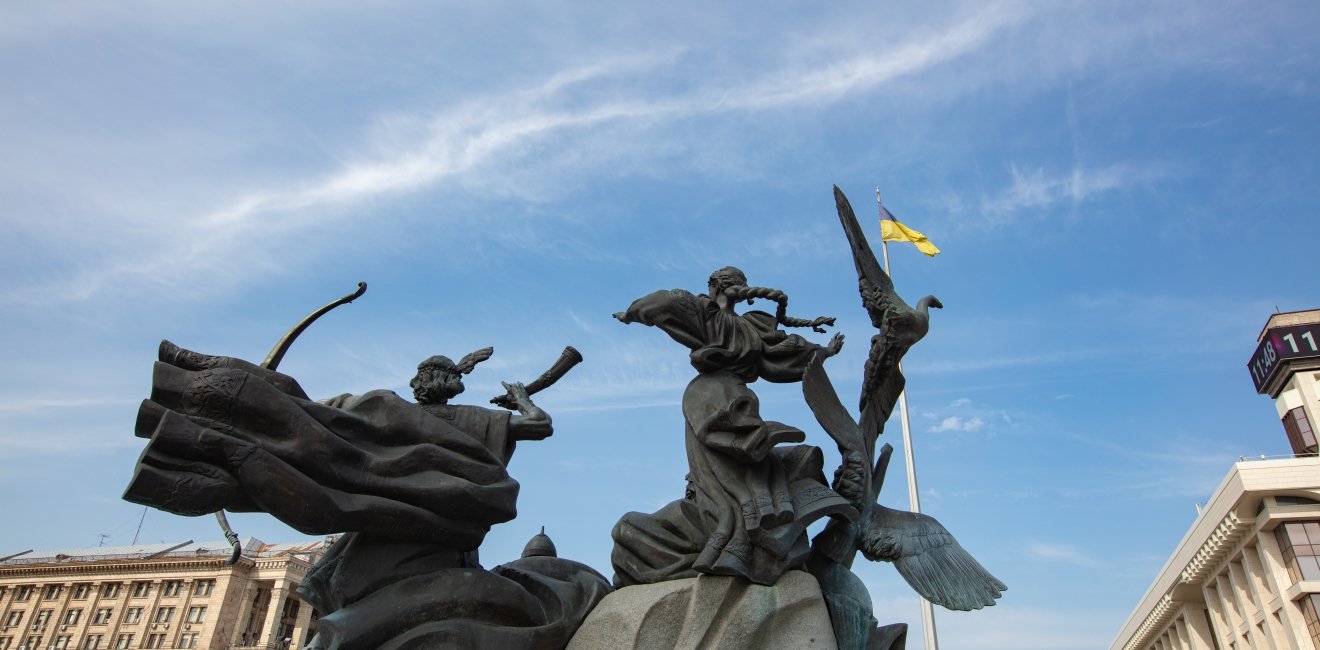 Kyiv, Ukraine - April 1, 2021: Monument to the founders of Kyiv on Independence square