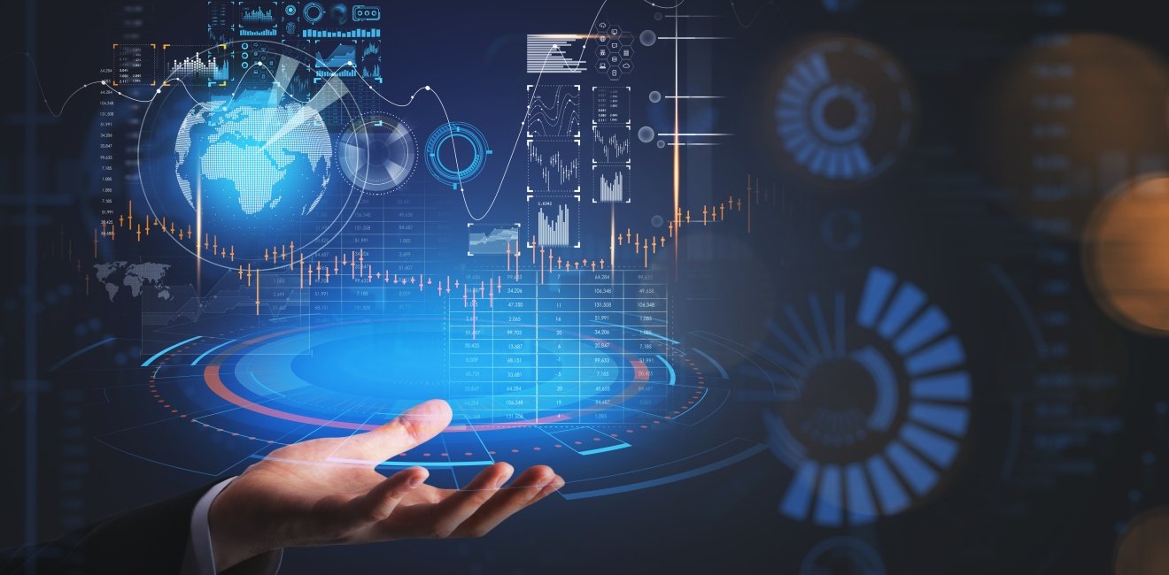 Hand and stock market statistics, blue and orange hologram with candlesticks, big data information and network connection. Global finance and online trading