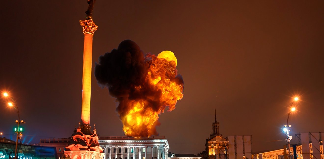 Kyiv, Ukraine; February 24 2022: Putin attacks, there is war in Ukraine, Explosions in Kyiv, missiles on other cities. The land invasion has begun