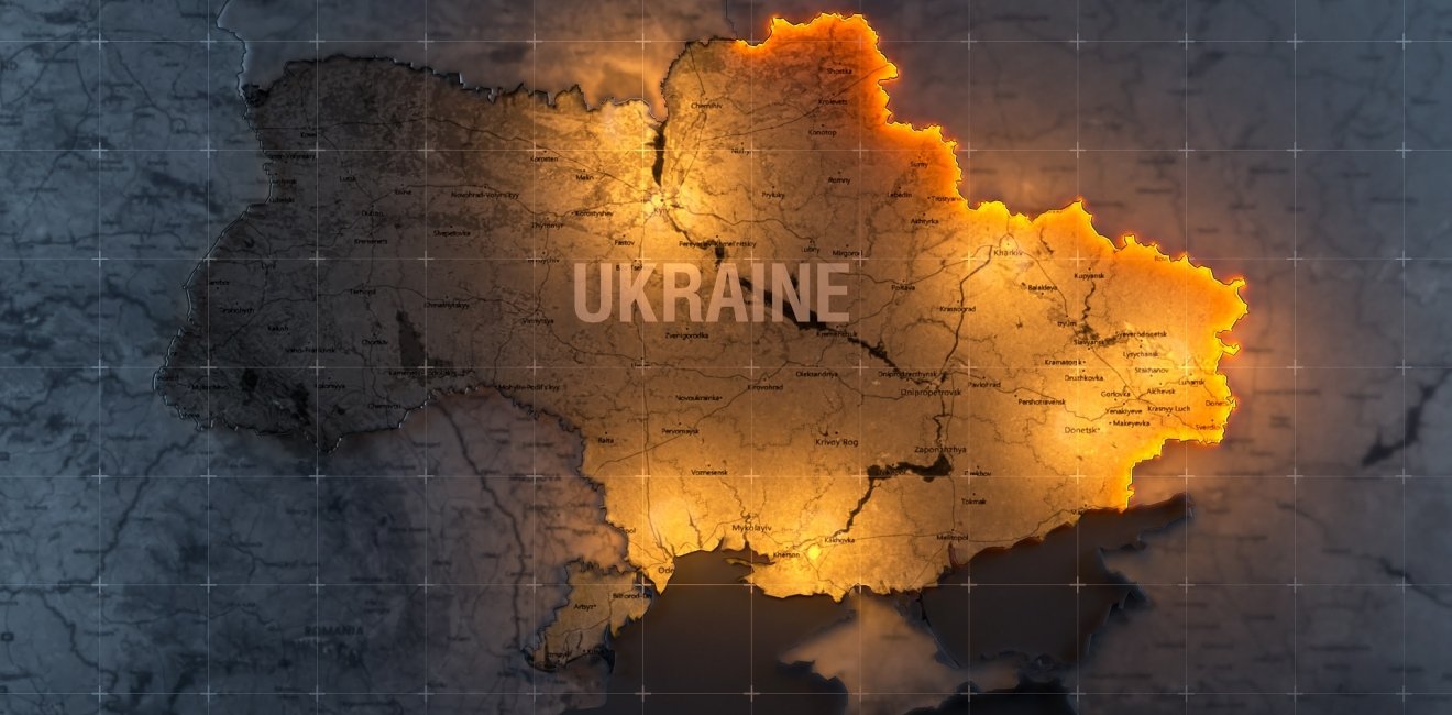 heat map of Ukraine depicting areas of armed conflict to the north, south, and east