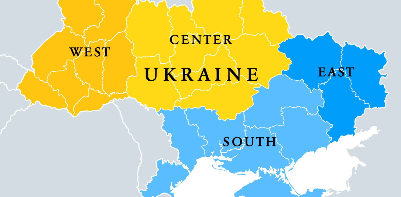 A map of Ukraine with color-coded regions: north, center, east, and south.