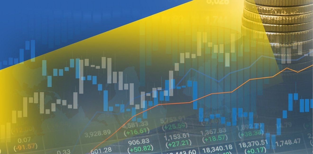 Stock ticker image with Ukrainian flag superimposed