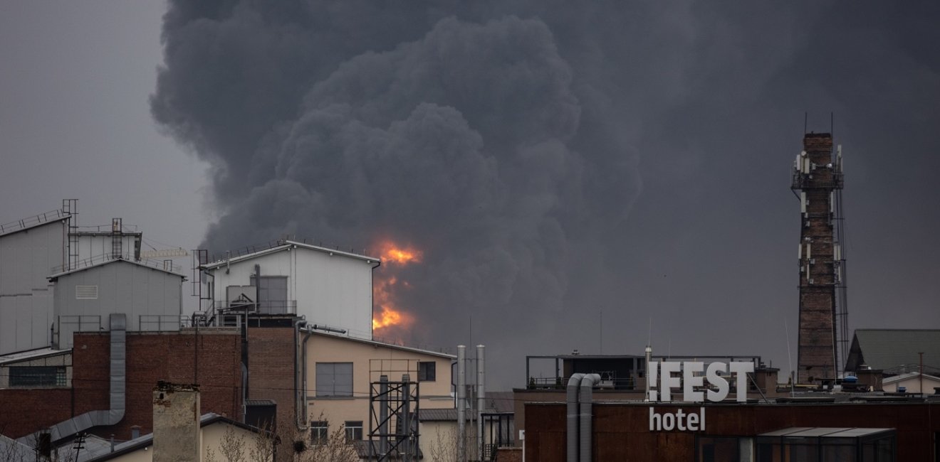 Consequences of a Russian missile strike on an oil storage facility in Lviv, Ukraine