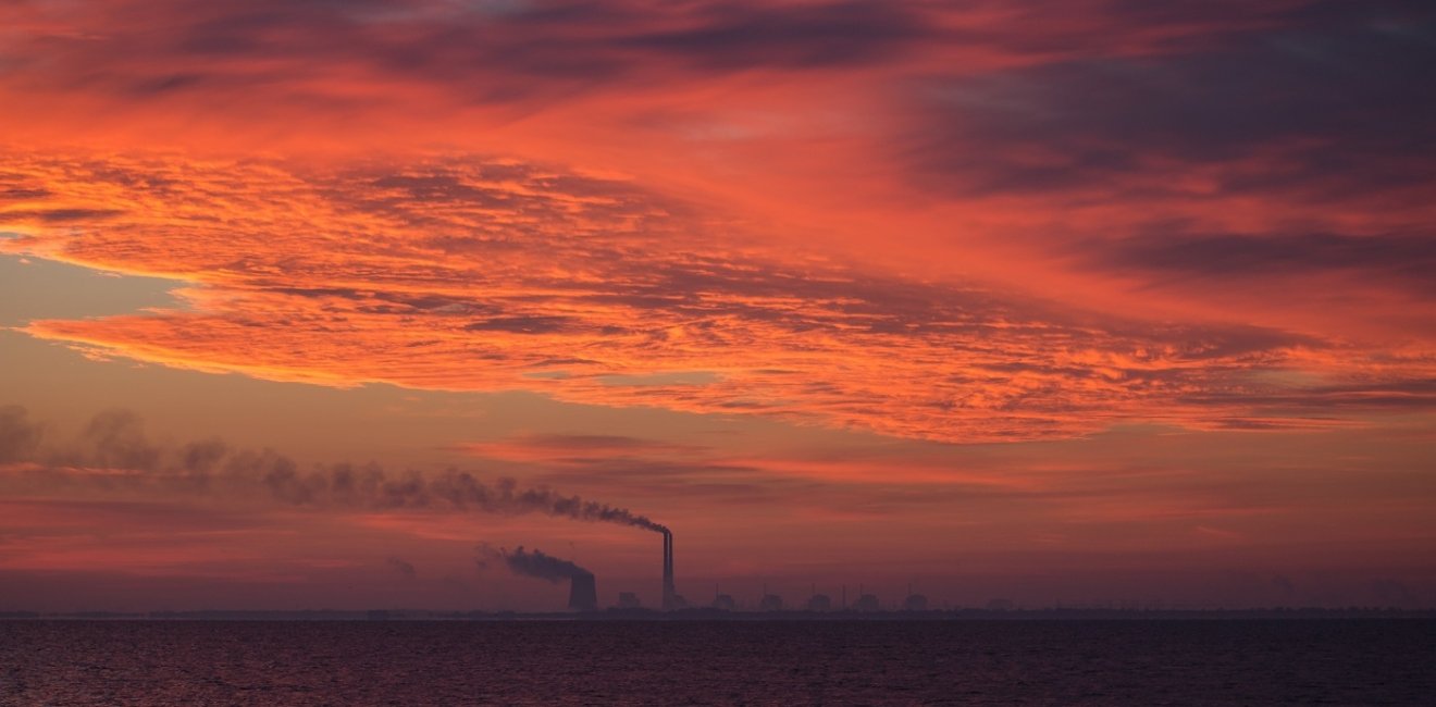 View from sunrise or sunset Zaporozhye nuclear power plant in Energodar, Ukraine