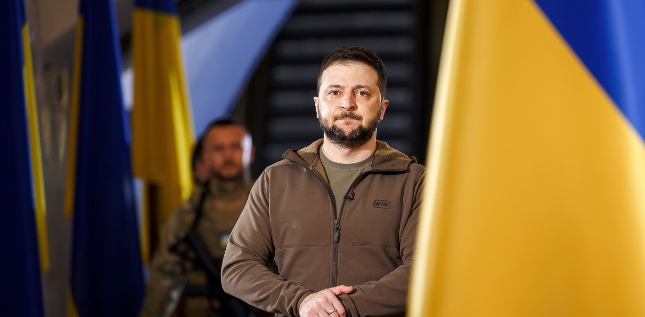 APR-23-2022 Press conference of Volodymyr Zelenskyy the President of Ukraine during Russian Ukrainian war at Kyiv Metro station to protect against air strikes. Kyiv, Ukraine