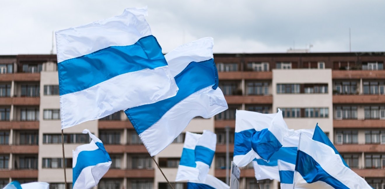 Russian blue white protest flags