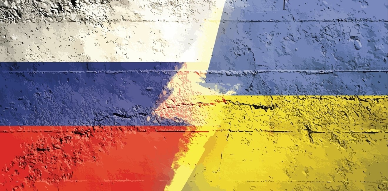 Digital image showing Russian and Ukrainian Flags with bolt going down the middle 