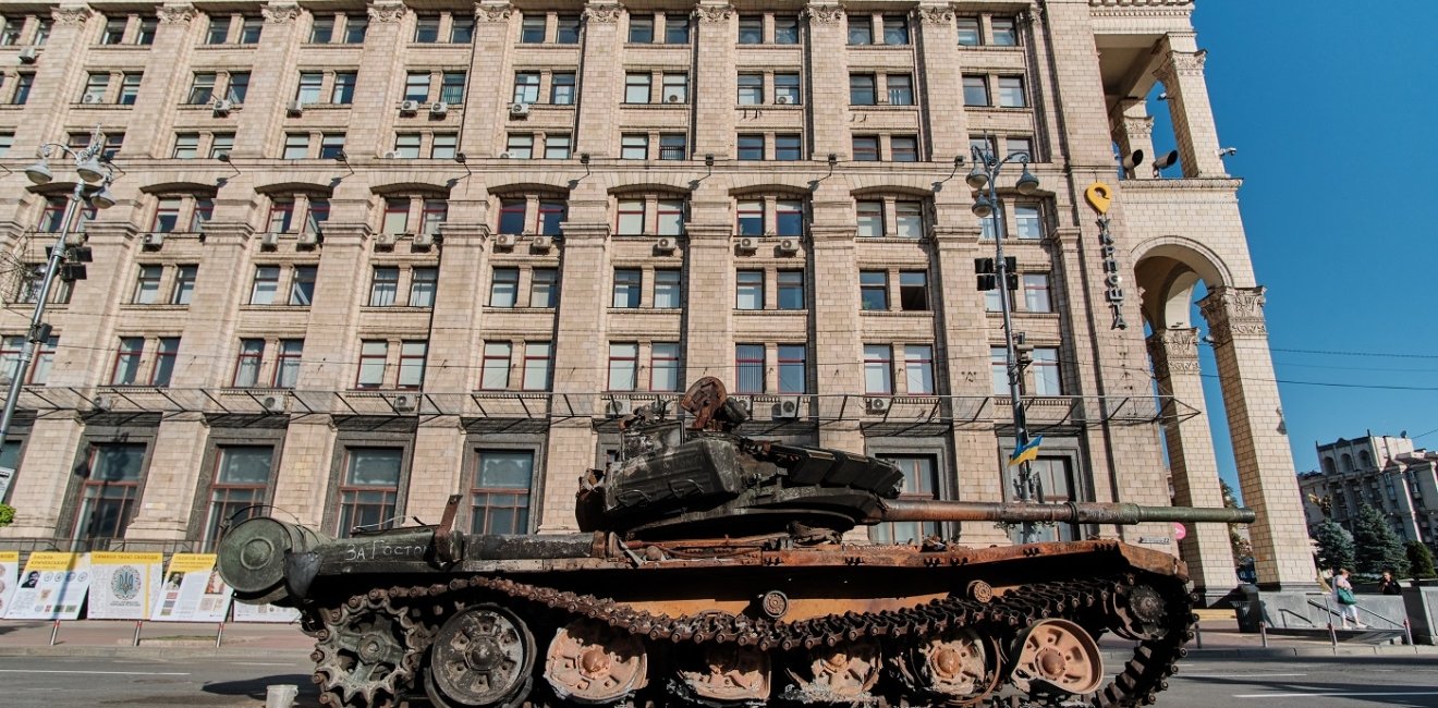 Kyiv, Ukraine - August 24, 2022: Destroyed military machinery of the Russian occupiers on the main street of the city on Ukraine's Independence Day.