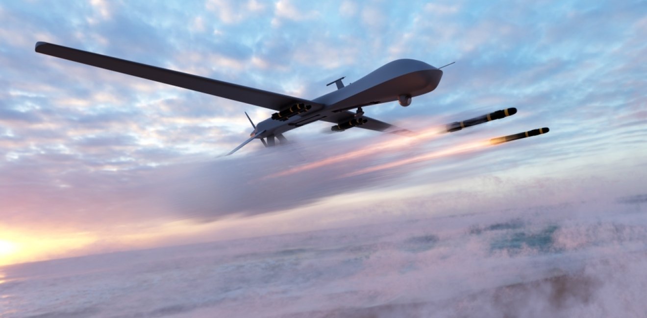 Military combat drone UAV launching missiles