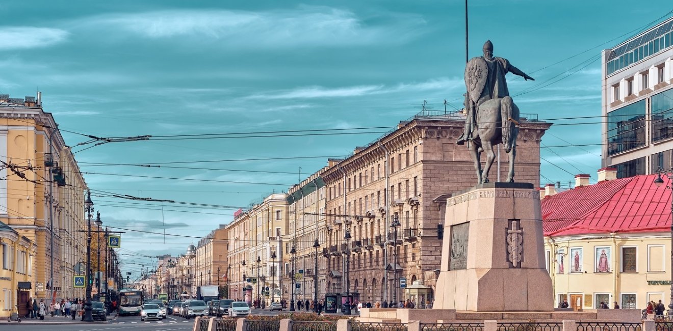 Monument on Alexander Nevsky Square in St Petersburg overlooking Nevsky Prospekt