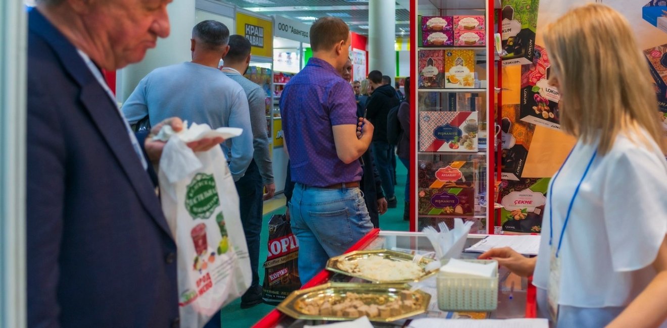 Vendor stalls at the 30th International Exhibition for Food, Beverages, and Food Raw Materials in Moscow, Russia