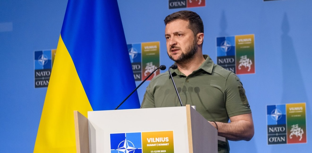 VILNIUS, LITHUANIA. 12th July 2023. Volodymyr Zelensky speaks during Joint press conference at NATO SUMMIT 2023.