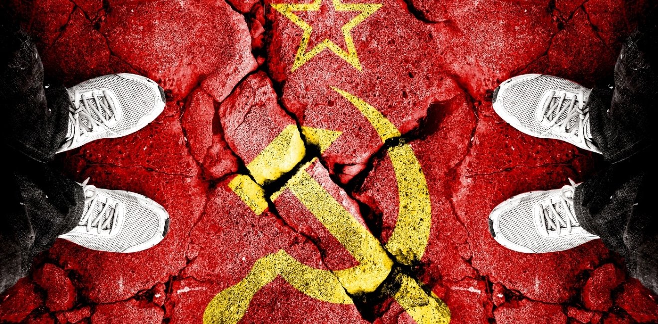 Soviet flag overlaid on cracking sidewalk