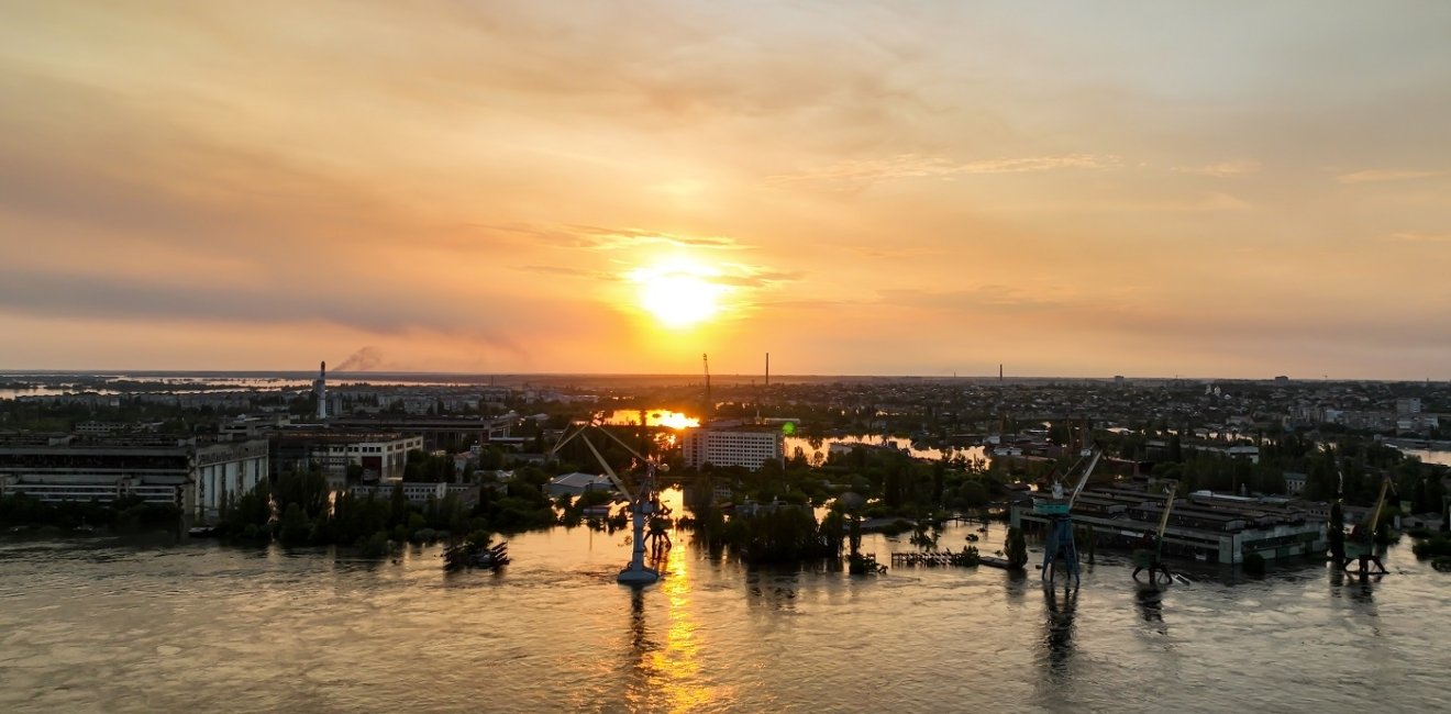 Flooded port infrastructure of the city of Kherson