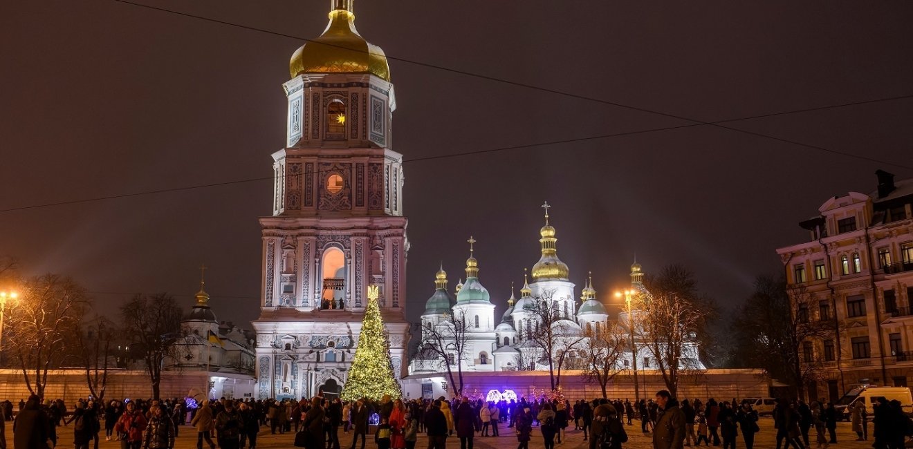 Christmas tree at Sofiyska Square in front of the St Sophia Cathedral in central Kyiv, Ukraine, December 6, 2023