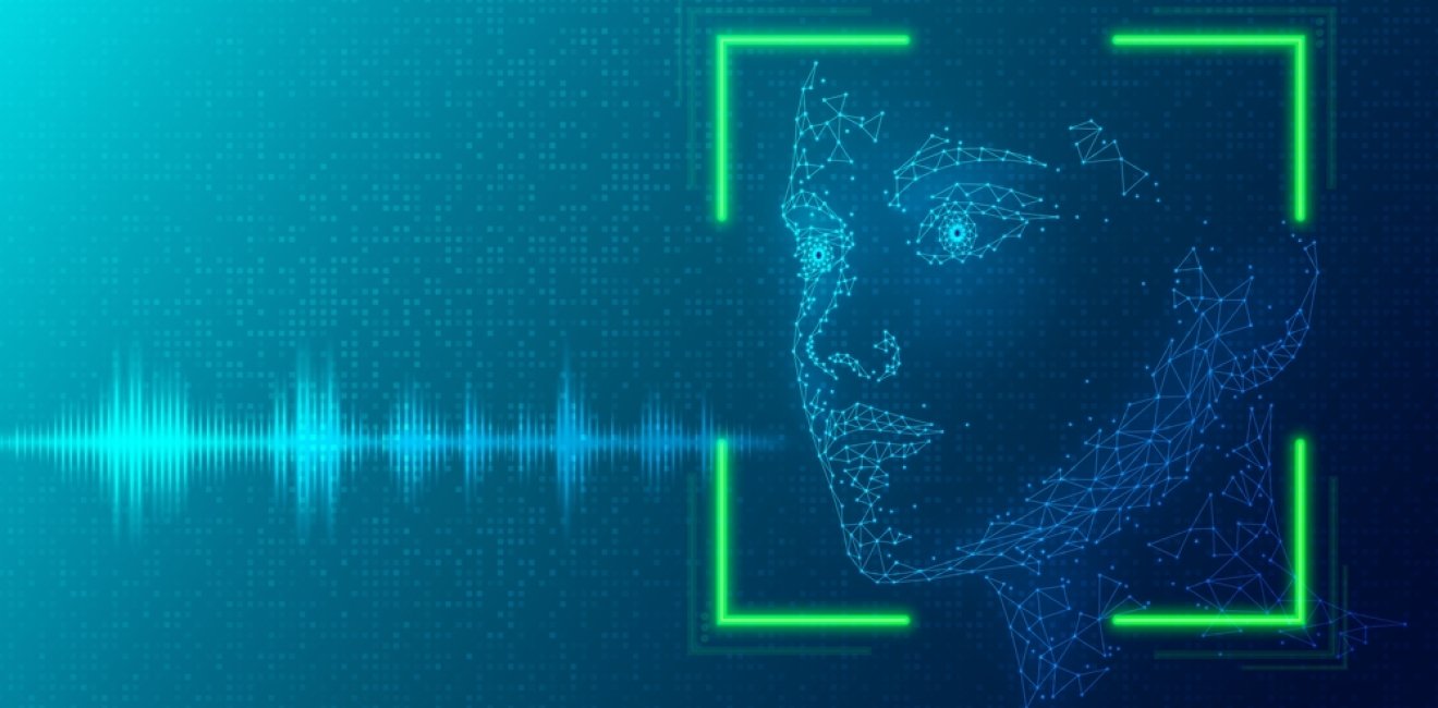 A blue audio wave coming from the mouth of a synthetic person 