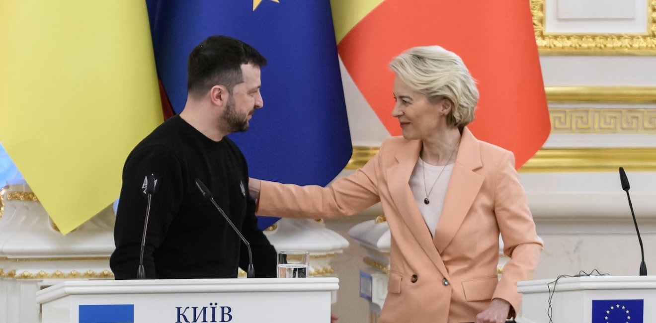 Ukrainian President Volodymyr Zelenskiy attends a joint press conference with European Commission President Ursula von der Leyen