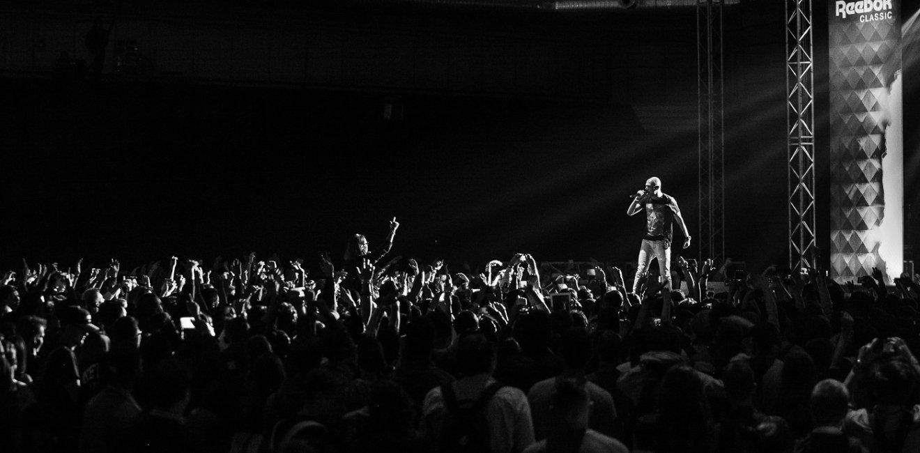 Black and white image of a rock concert 