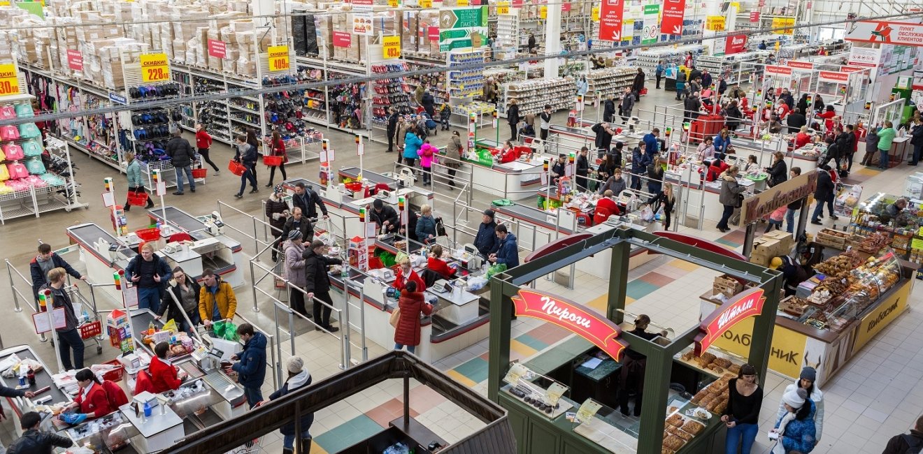 Samara, Russia - April 1, 2017: Auchan Samara Store in shopping center Kosmoport. French distribution network Auchan unites more than 1300 shops