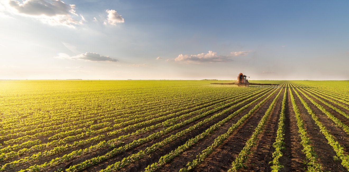 Tractor spraying pesticides on soybean field with sprayer at spring