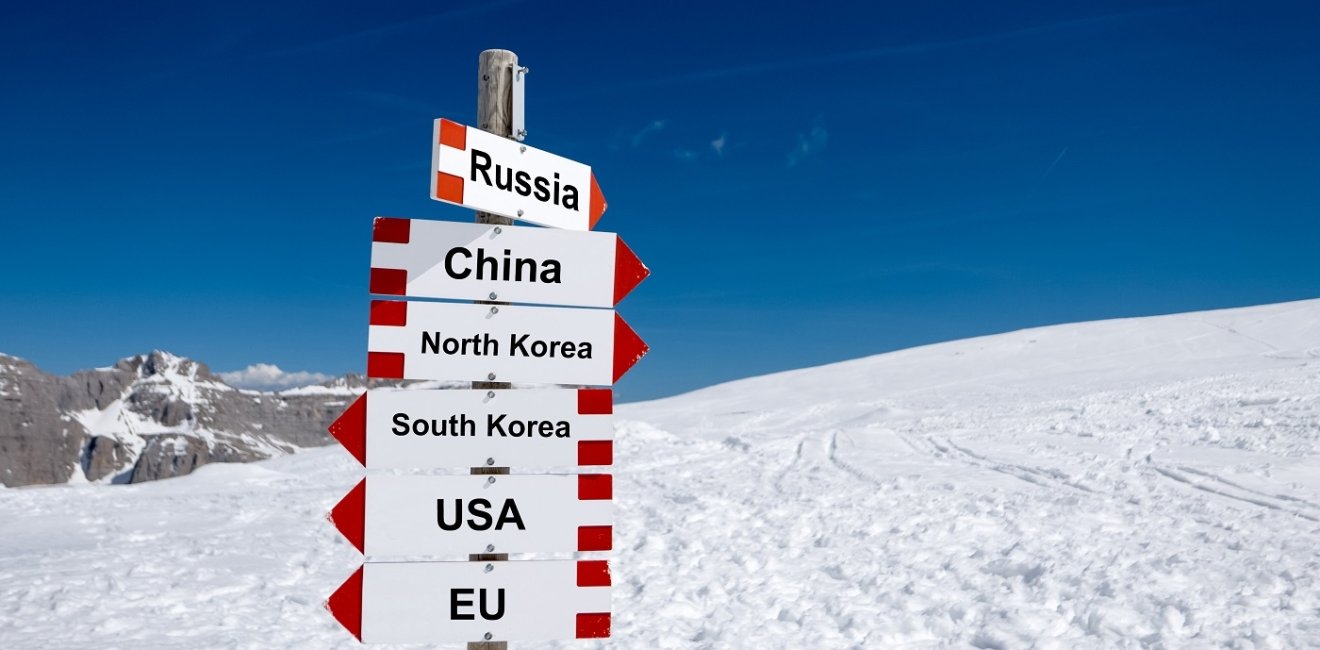 Concept art. Sign posts for North Korea, South Korea, USA, EU, China and Russia point in different directions.