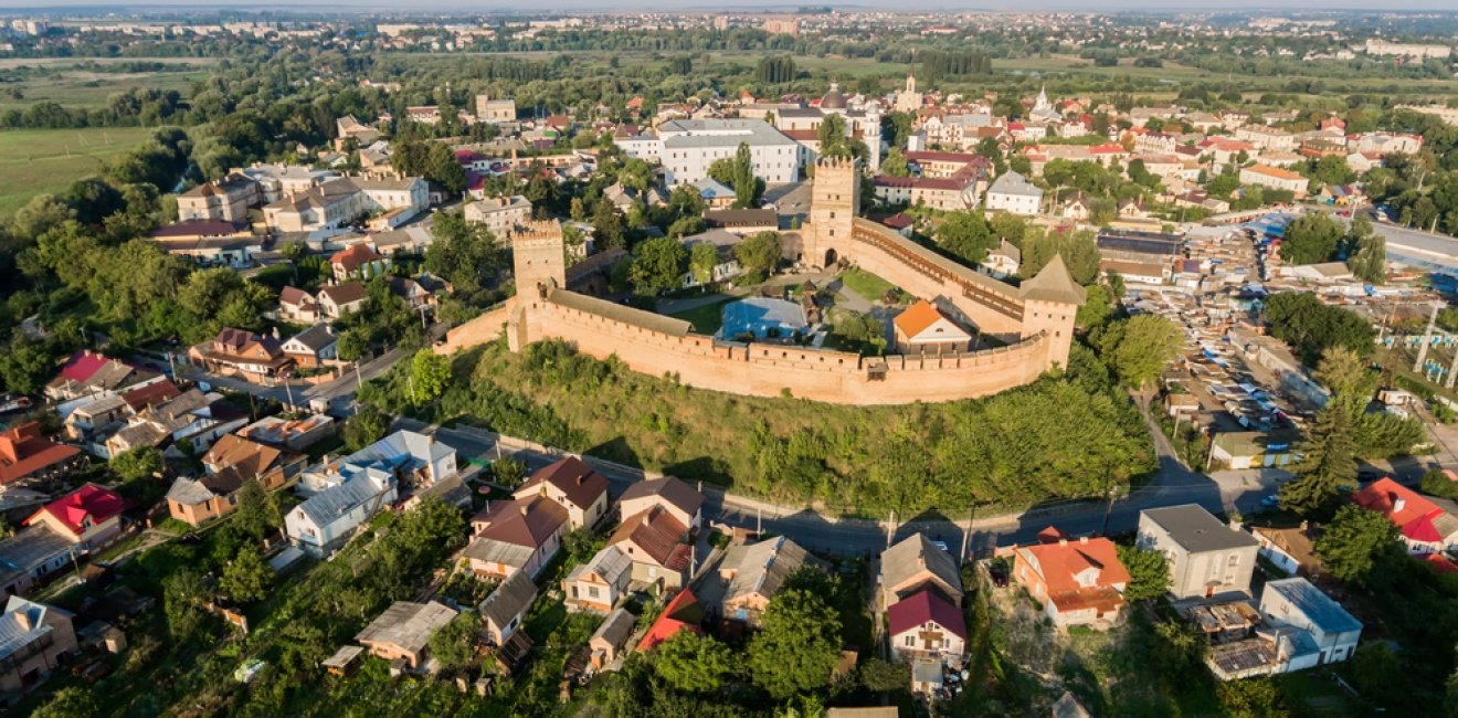 aerial view on the Lutsk castle. Prince Lubart stone castle, landmark of Lutsk city, Ukraine.