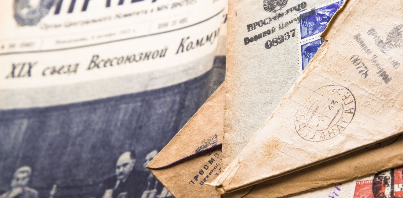 A stack of letters from World War II on the newspaper Pravda