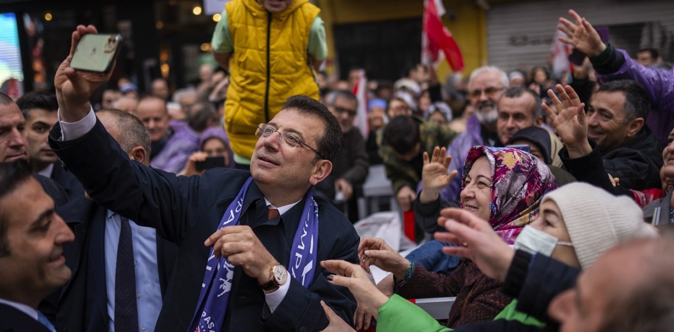 Istanbul Mayor and Republican People's Party, or CHP, candidate Ekrem Imamoglu take photographs with supporters during a campaign rally in Istanbul, Turkey, Thursday, March 21, 2024. Turkey was coming to terms on Monday with the opposition's unexpected success in local elections which saw it outperform President Recep Tayyip Erdogan's ruling party and add to municipalities gained five years ago.