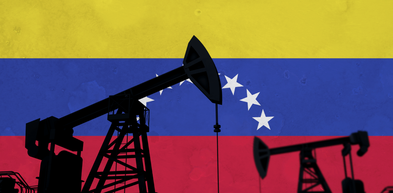 Oil and gas industry background. Oil pump silhouette against venezuela flag. 3D Rendering