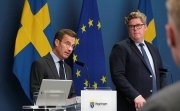 Sweden’s Prime Minister Ulf Kristersson and Minister of Justice Gunnar Strömmer giving a press briefing on Sweden's handling of the recent Quran desecrations in Stockholm, Sweden on August 1 2023.