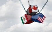 US Mexico And Canada Tariff War as a Mexican Canadian and American trade dispute as cargo containers in conflict as an economic fight over import and exports concept as a 3D illustration