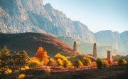 Old stone tower complex in Erzi national park in Ingushetia, Caucasus, Russia